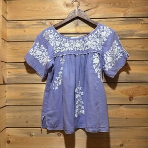 CJ Laing Periwinkle Blue Hand Embroidered Floral Cotton Gauze Blouse Top